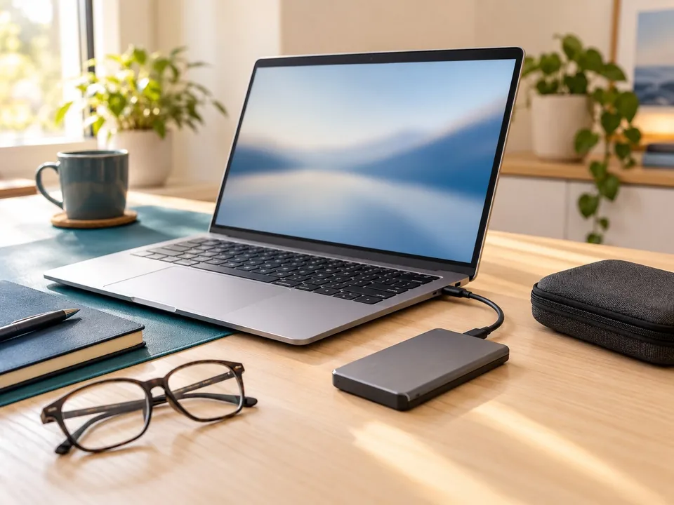 Notebook mit angeschlossener externer SSD auf einem hellen Holztisch.