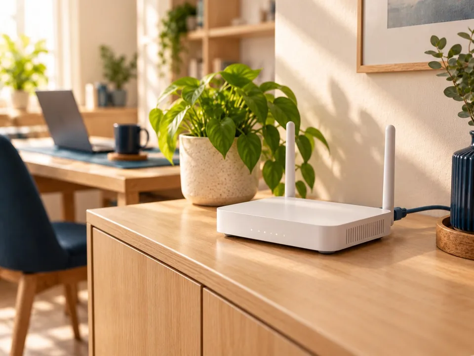 Weißer Router mit zwei Antennen auf einem Sideboard in einer hellen Wohnung.